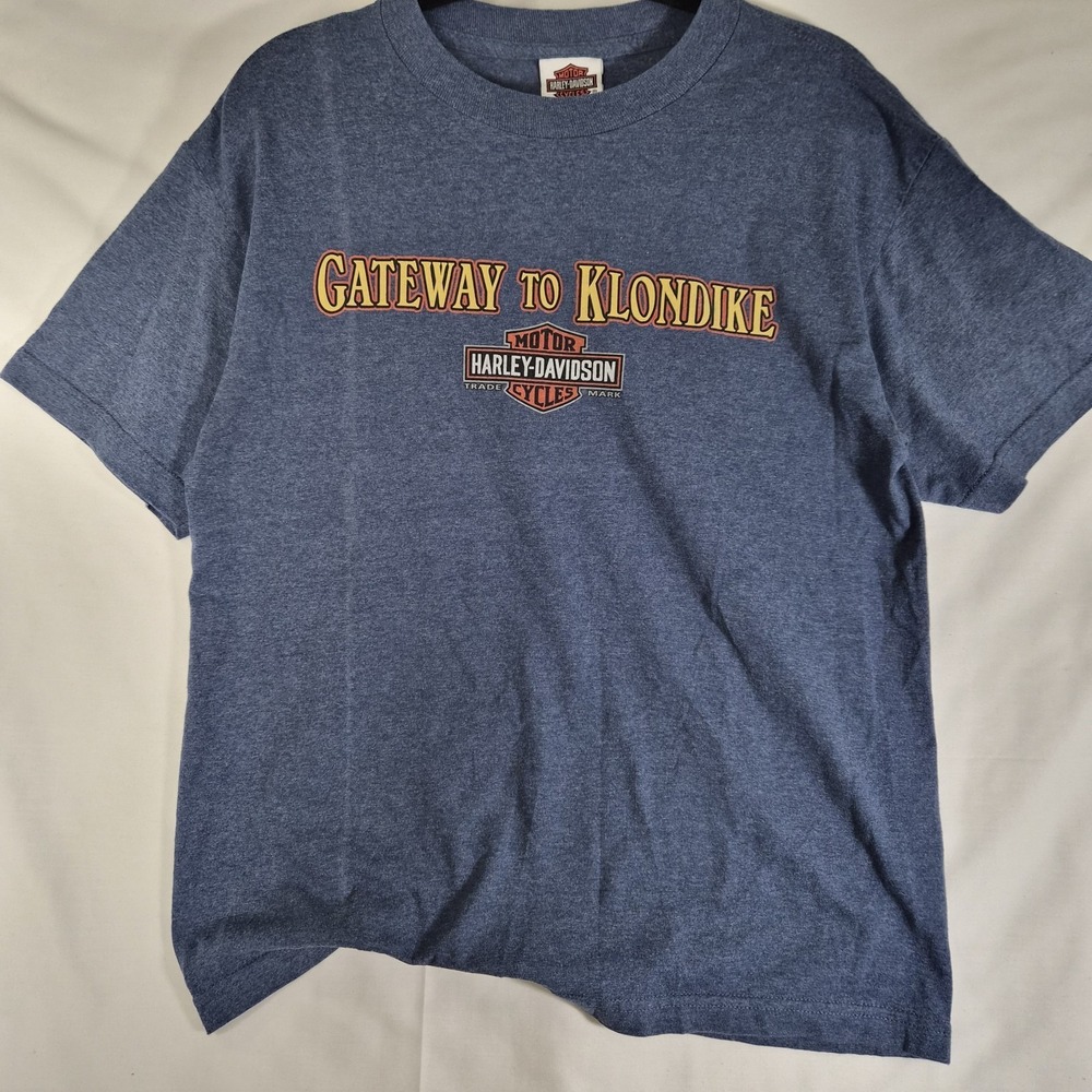 Y2k Harley-Davidson Gateway to Klondike Alaska T-Shirt Blue Graphic Biker Tee
